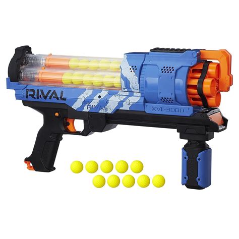 The Nerf Rival Pathfinder XXII-1200 blaster has a removable 12-round magazine, a magazine speed release for fast reloads, and it fires 12 Nerf rounds in a row at a velocity of 90 feet per second. . Nerf guns rival